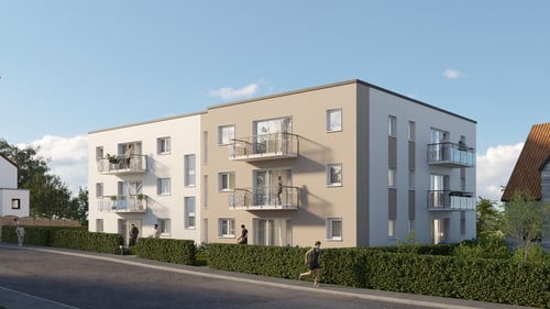 Zwei moderne Mehrfamilienhäuser mit Balkonen und Flachdächern an einer Straße, umgeben von Hecken und Bäumen.