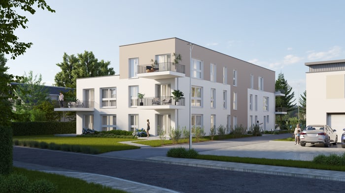 Modernes Mehrfamilienhaus mit drei Stockwerken, weißen und beigefarbenen Fassaden, Balkonen und kleinen Bäumen.